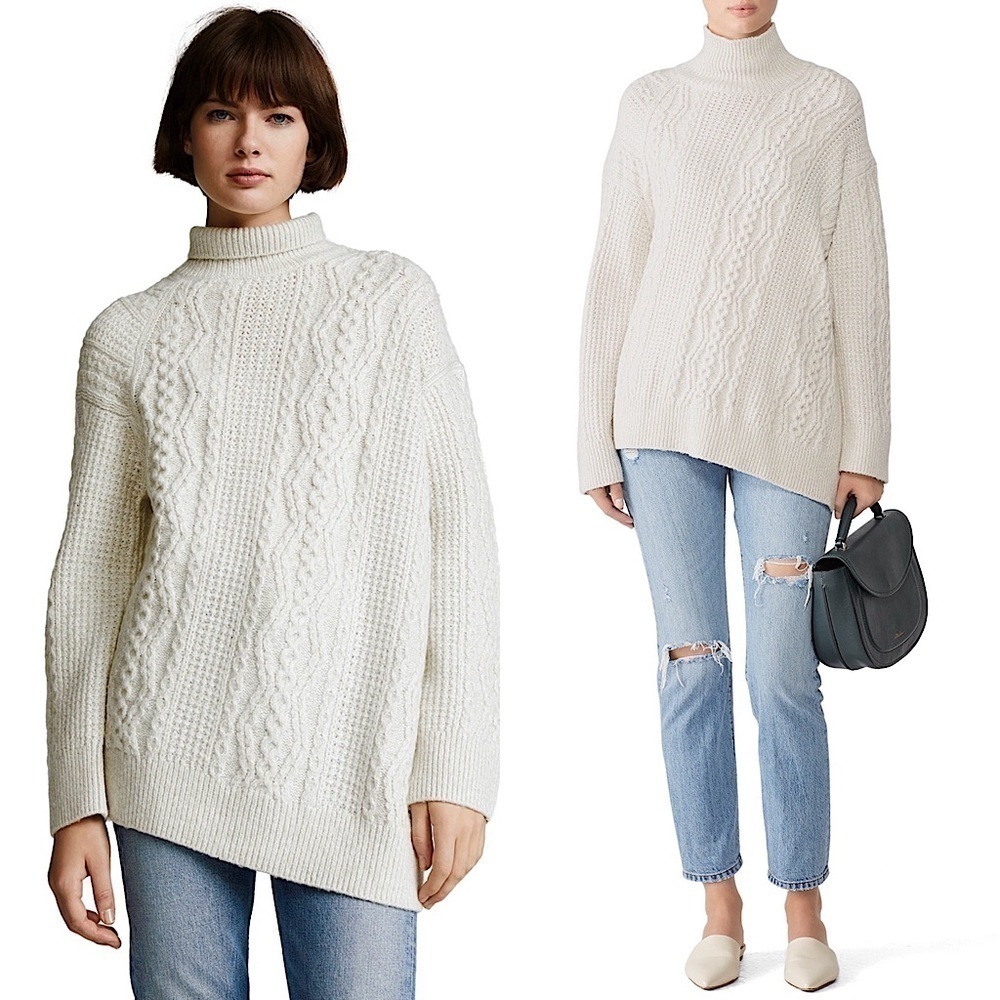 VINCE Merino Wool Cashmere Cable Knit Preppy Fishermancore Turtleneck Sweater XS